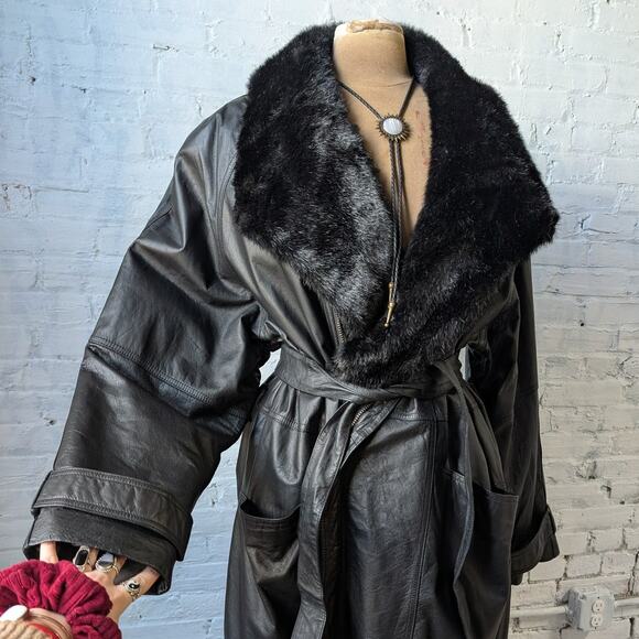 Vintage Black Leather Penny Lane Coat Faux Fur Trench Minimalist Goth Jacket - Picture 2 of 12